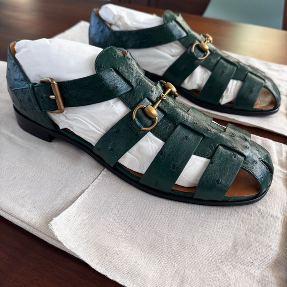 Gucci Exotics Men’s Emerald Green Ostrich Leather Fisherman Sandals Size 10 NWT - Picture 15 of 16